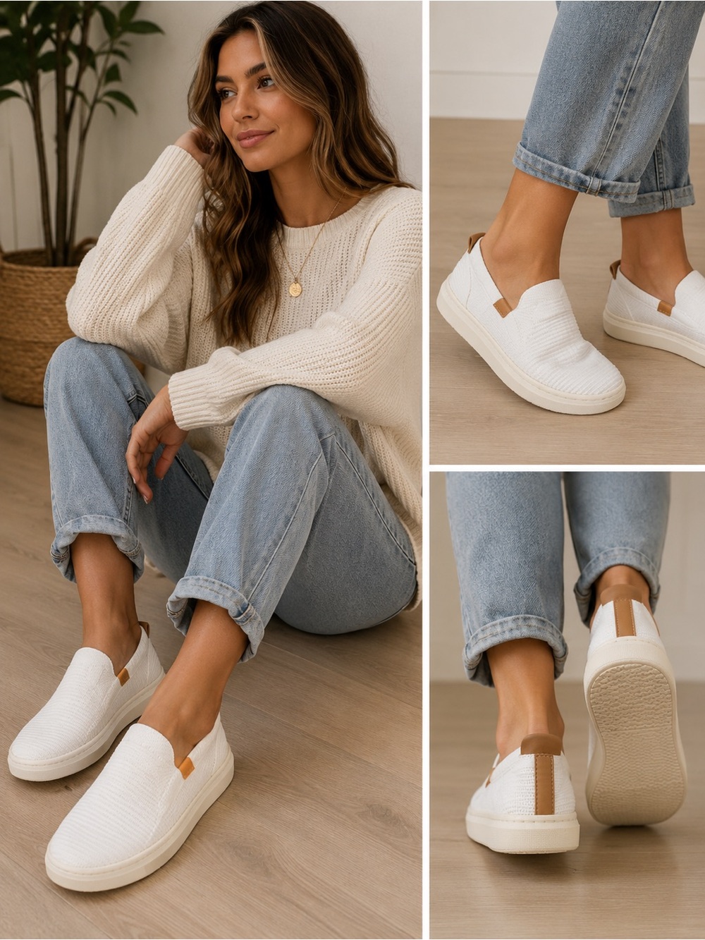 UGG Women’s White Knit Slip On Sneakers Size 6 Tan Leather 1136841 Casual Shoes